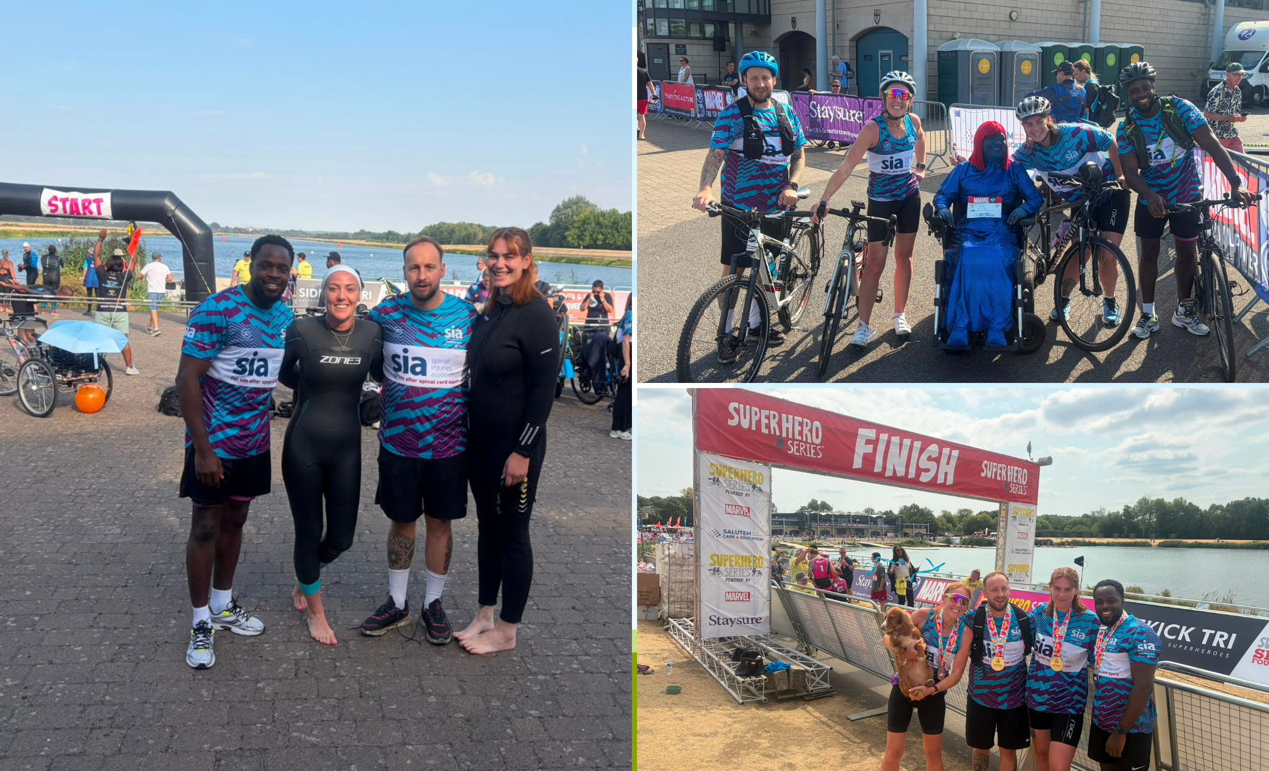 A collage of our team participating in the 2026 Superhero series triathlon. Three images of 4 member of our team at the start and the end of the tirathlon.