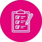 A round pink icon of a clipboard checklist graphic