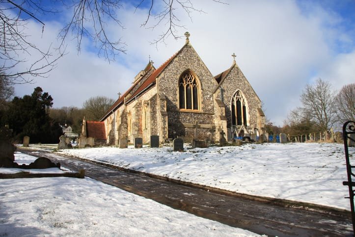 Church in Bucks pictured on a snowy winter/Christmas day