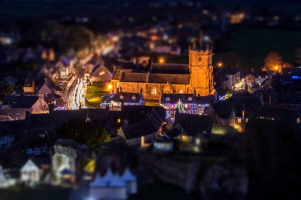 Corfe in Dorset lit up at Christmas time