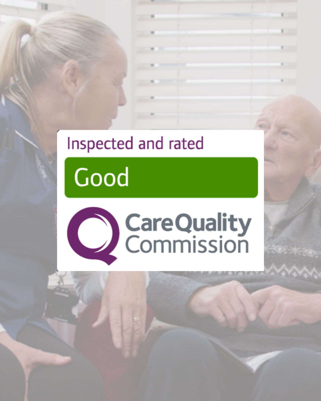 A carer and client together with the CQC good icon centre