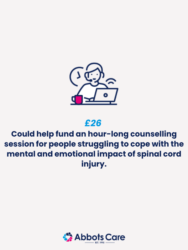 Illustration of a person working on a laptop with text explaining that £26 could fund an hour-long counselling session for someone affected by a spinal cord injury.